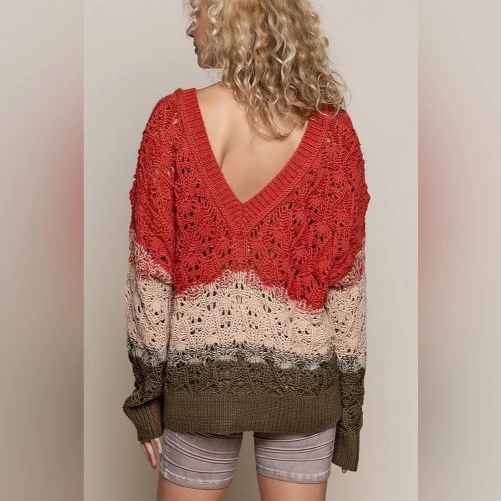 Anthropologie POL Loose Knit Color Block Crochet V-Neck Sweater, Slouchy Medium